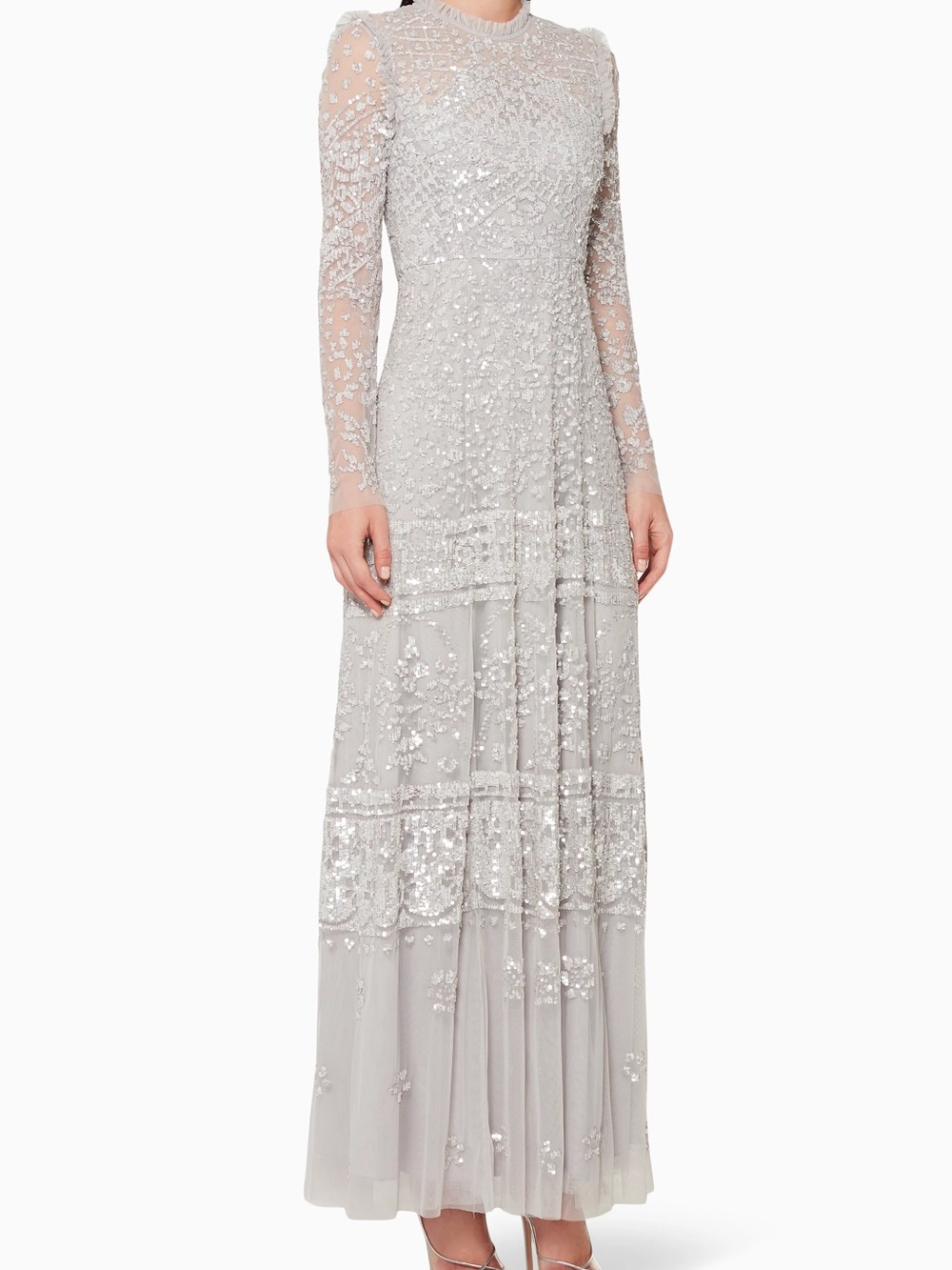 Needle & Thread Aurora Long Sleeve Embellished Silver Evening Dress